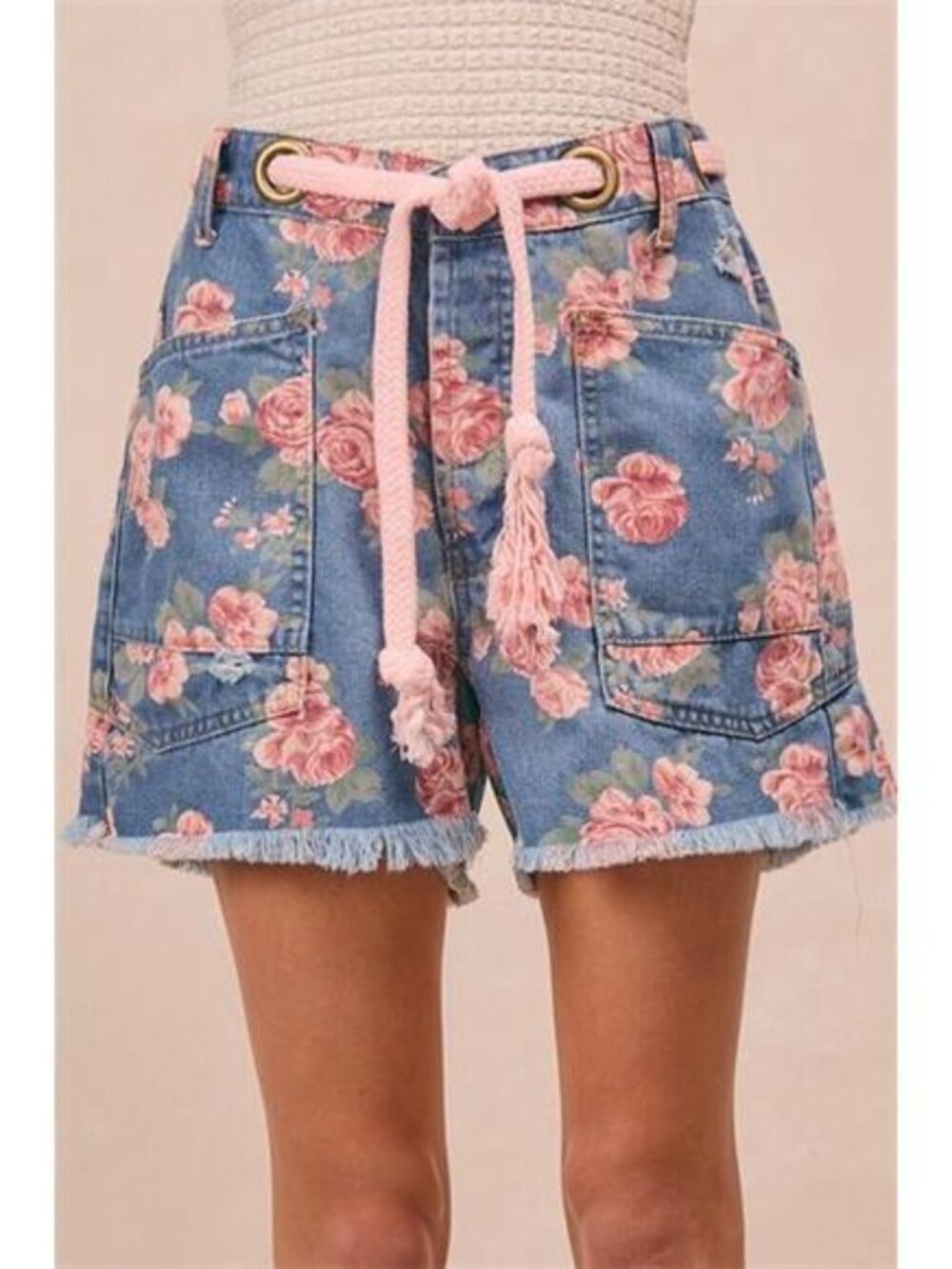 BiBi Braided Waist Belt Patch Pockets Floral Print Denim Shorts